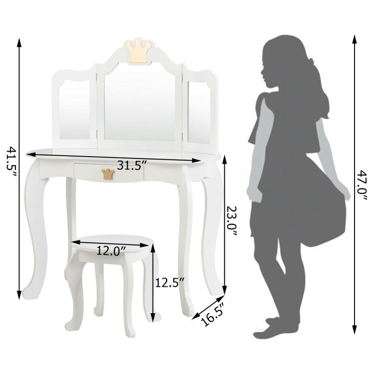 Kids Makeup Dressing Table Stool Set with Tri-folding Mirror and Drawer