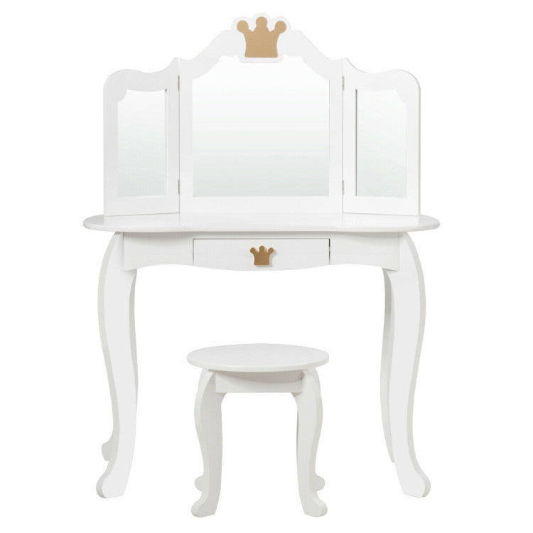Kids Makeup Dressing Table Stool Set with Tri-folding Mirror and Drawer