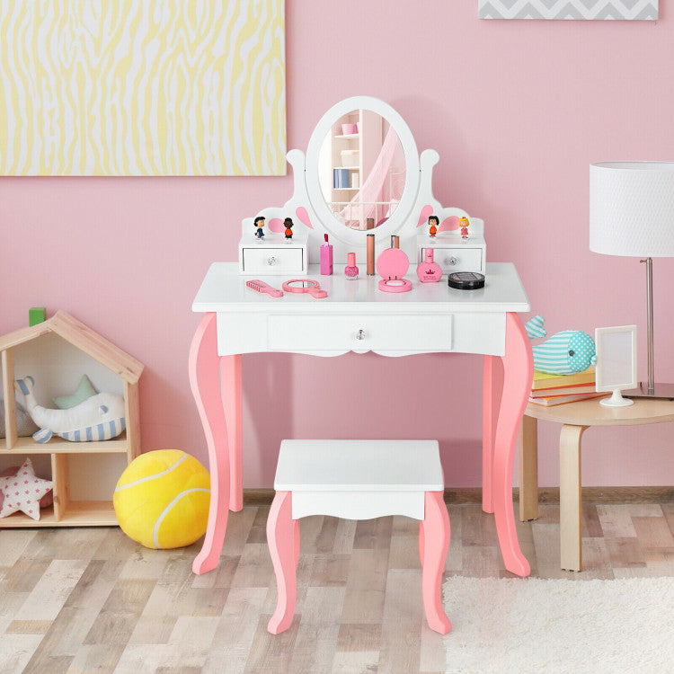 Kids Princess Makeup Dressing Vanity Table Chair Set with 360° Rotatable Mirror and Drawer