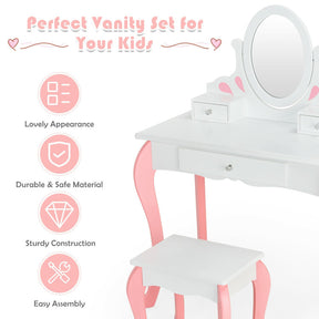Kids Princess Makeup Dressing Vanity Table Chair Set with 360° Rotatable Mirror and Drawer