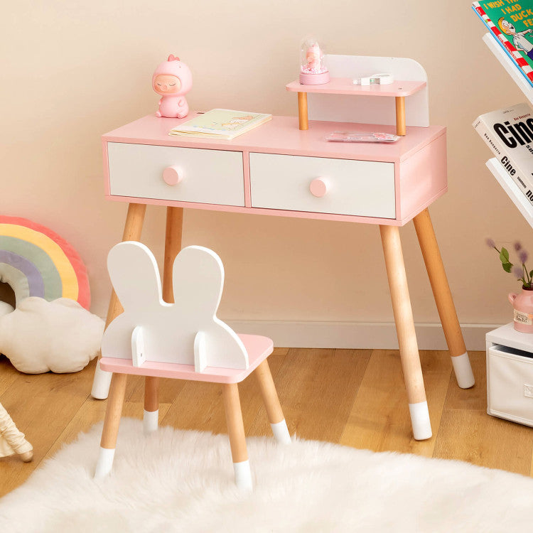 Kids Vanity Makeup Table and Chair Set with Drawer Shelf and Rabbit Mirror for Girls