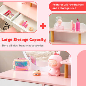 Kids Vanity Makeup Table and Chair Set with Drawer Shelf and Rabbit Mirror for Girls