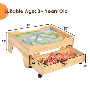 Toddler Train Table Set Kids Wooden Activity Table Playset with 100 Multicolor Pieces and Lockable Wheels for Boys Girls Gift