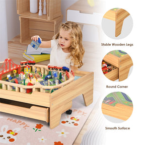 Toddler Train Table Set Kids Wooden Activity Table Playset with 100 Multicolor Pieces and Lockable Wheels for Boys Girls Gift