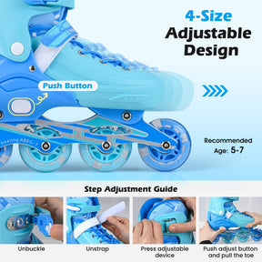 Kids Inline Skates for Boys Girls, 4-Size Adjustable Light-Up Roller Skates with Illuminating Wheels & Safety Support for Beginners Indoor & Outdoor Skating, Ideal Birthday Gift for Toddlers Ages 5-7