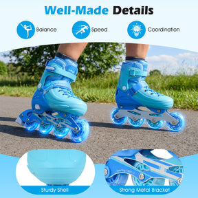 Kids Inline Skates for Boys Girls, 4-Size Adjustable Light-Up Roller Skates with Illuminating Wheels & Safety Support for Beginners Indoor & Outdoor Skating, Ideal Birthday Gift for Toddlers Ages 7-9