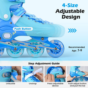 Kids Inline Skates for Boys Girls, 4-Size Adjustable Light-Up Roller Skates with Illuminating Wheels & Safety Support for Beginners Indoor & Outdoor Skating, Ideal Birthday Gift for Toddlers Ages 7-9