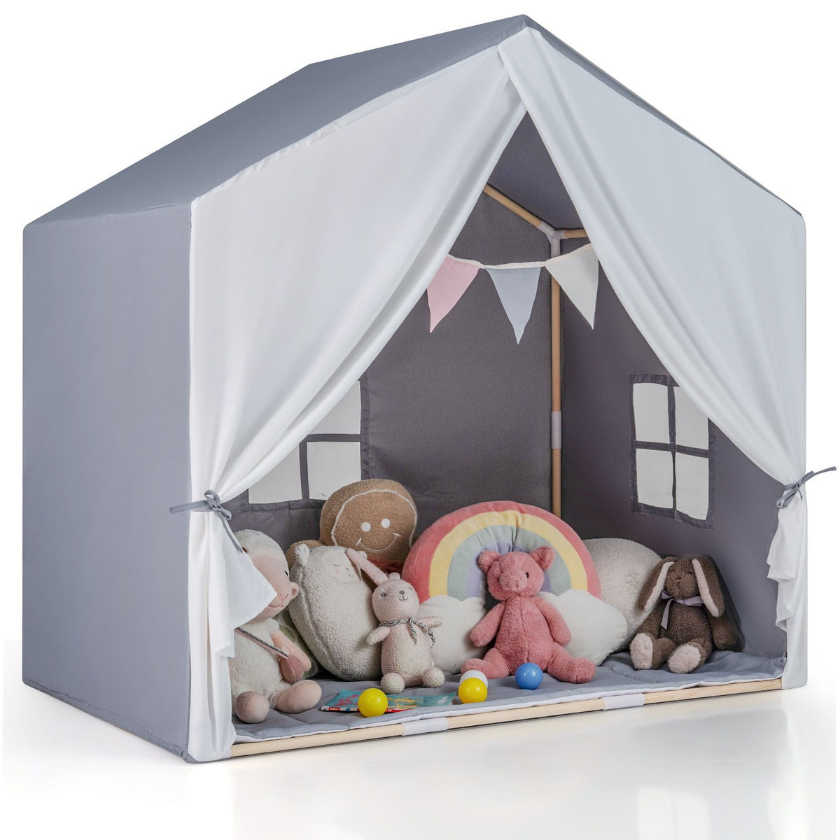 Kid's Play Tent with Washable Cotton Mat and Flag Banner for Kids Aged 3+