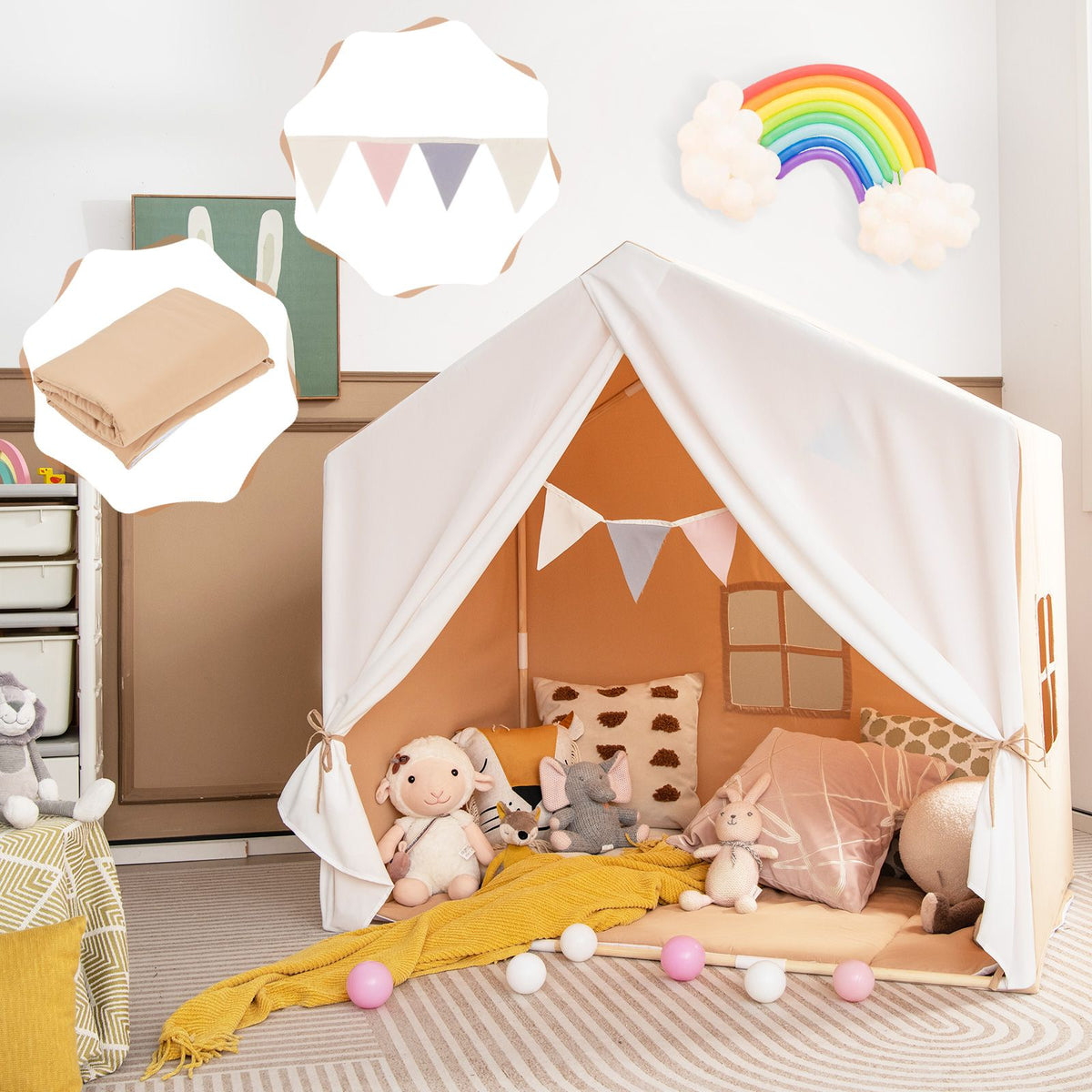 Kid's Play Tent with Washable Cotton Mat and Flag Banner for Kids Aged 3+