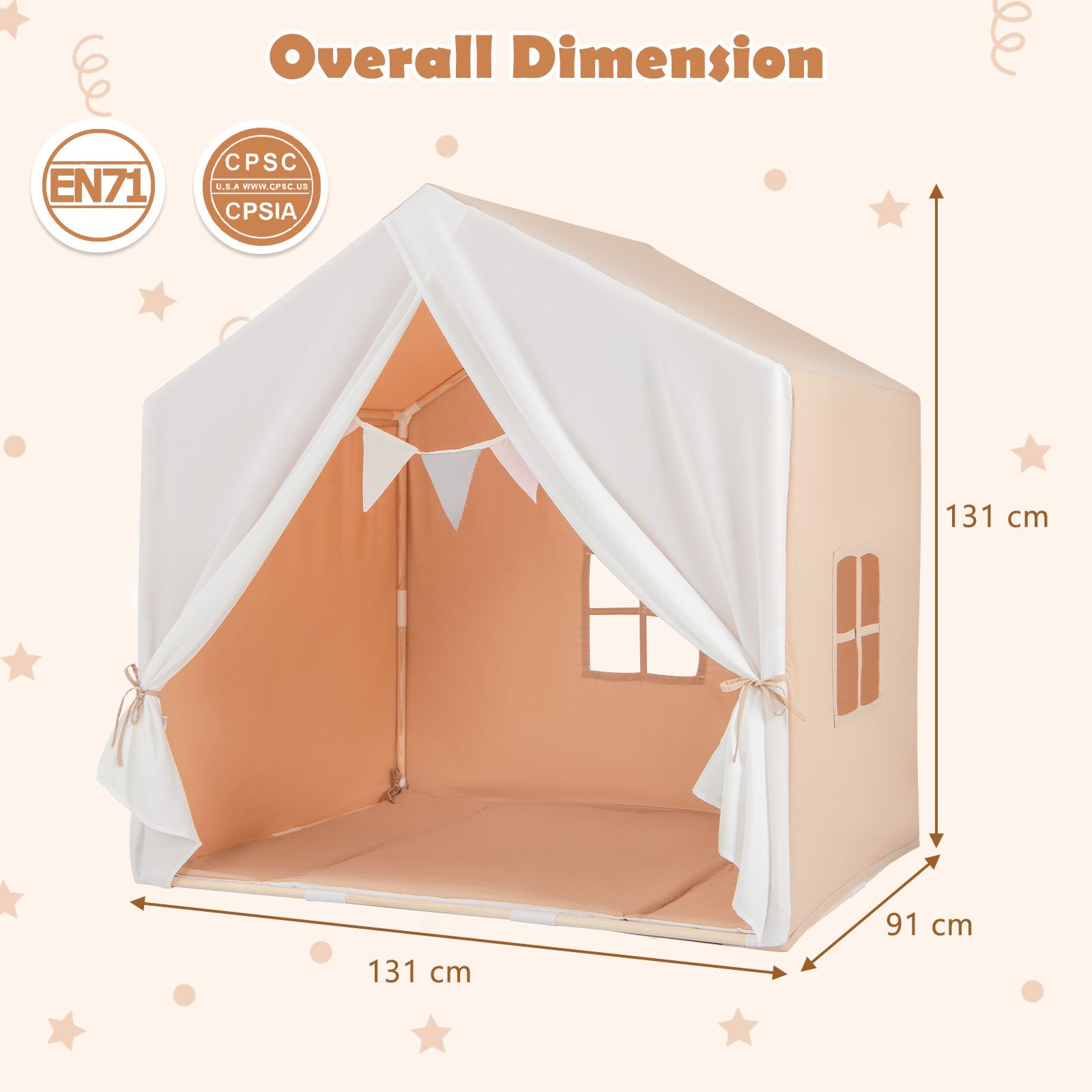 Kid's Play Tent with Washable Cotton Mat and Flag Banner for Kids Aged 3+