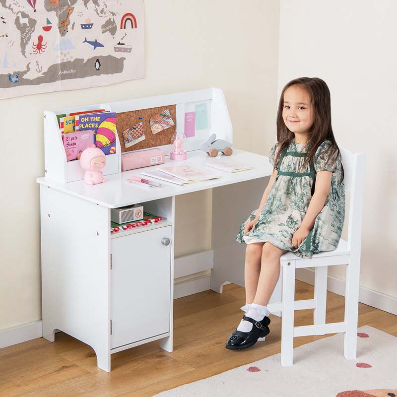 Kids Table and Chair Set, Wooden Study Table with Whiteboard, Cork Board, Storage Hutch & Cabinet, Student Computer Workstation for Bedroom