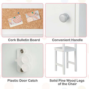 Kids Table and Chair Set, Wooden Study Table with Whiteboard, Cork Board, Storage Hutch & Cabinet, Student Computer Workstation for Bedroom