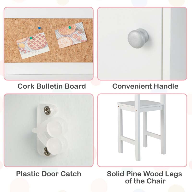 Kids Table and Chair Set, Wooden Study Table with Whiteboard, Cork Board, Storage Hutch & Cabinet, Student Computer Workstation for Bedroom