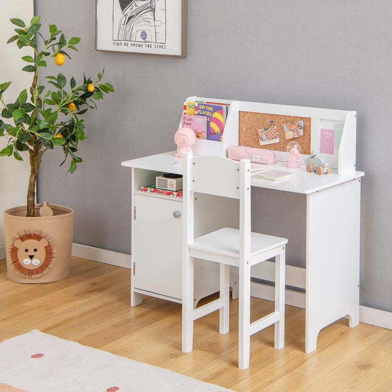 Kids Table and Chair Set, Wooden Study Table with Whiteboard, Cork Board, Storage Hutch & Cabinet, Student Computer Workstation for Bedroom