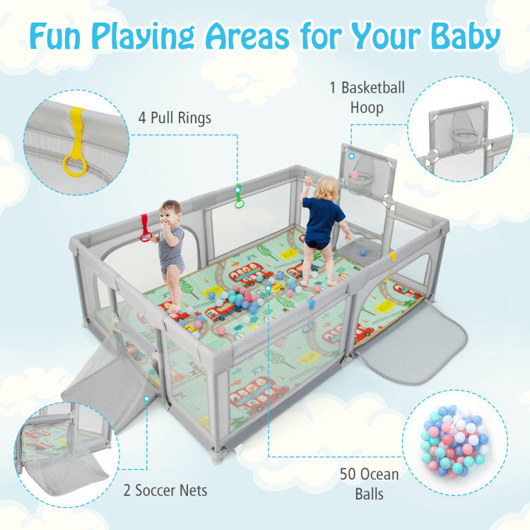 Baby Play Gym Fence and Newborn Play Yard Playpen with Mat and Ocean Balls