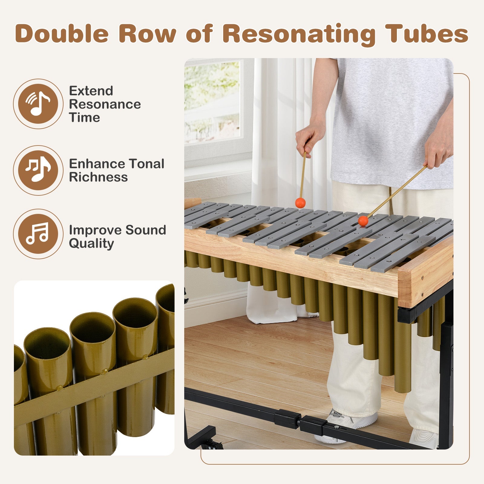 32 Note Marimba, Aluminum Xylophone, Adjustable Stand & Lockable Wheels for Beginners