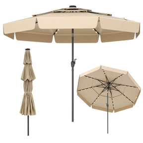 3m Solar Patio Umbrella w/ 32 LED Lights 3-Tier Vented Top Tilt Adjustment Beach
