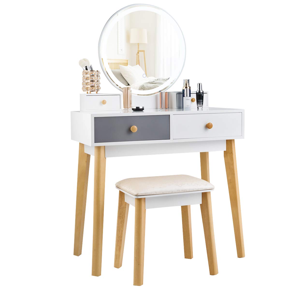 Giantex 2-in-1 Dressing/ Computer Table with Lights & Stool