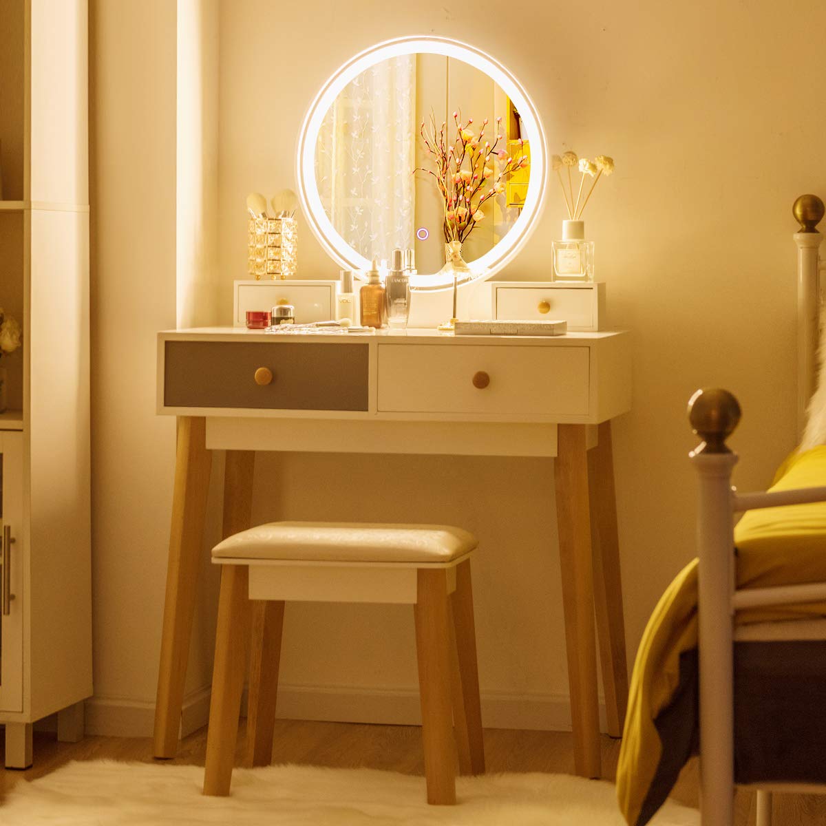 Giantex 2-in-1 Dressing/ Computer Table with Lights & Stool