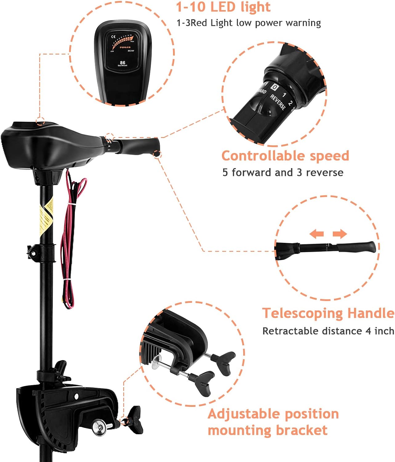 Marine Propeller 55lbs Freshwater Transom Mounted Trolling Motor 36" Shaft with Retractable and Rotatable Handles