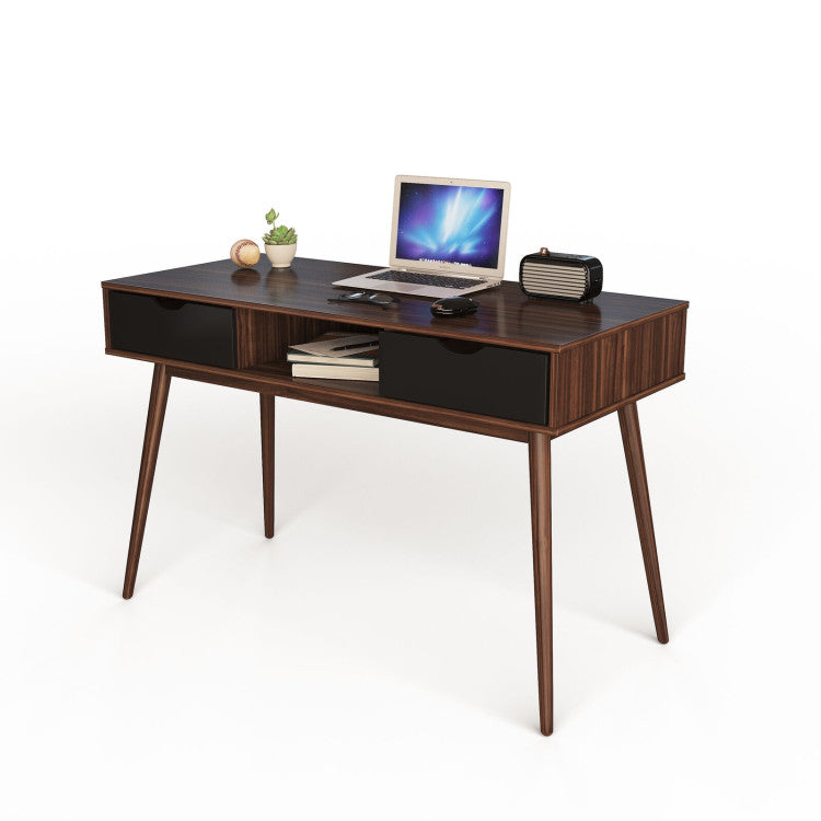 Mid-Century Wooden Computer Desk with 2 Storage Drawers for Home & Office