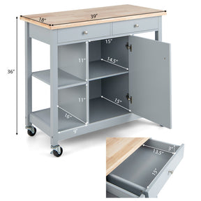 Mobile Kitchen Island Cart 4 Open Shelves and 2 Drawers with Wheels
