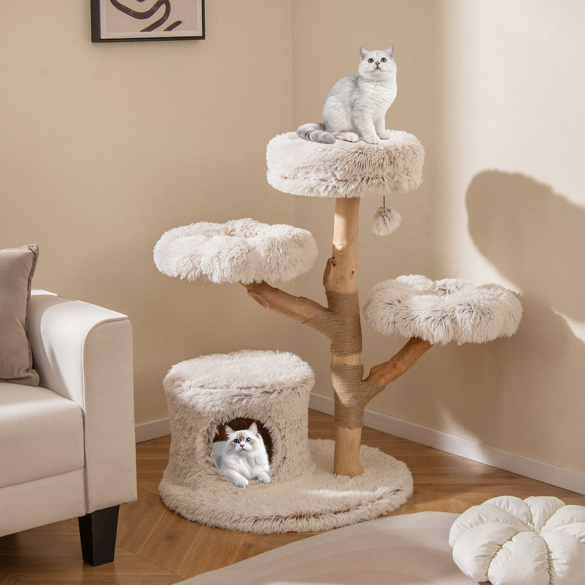 Modern Cat Tree, 102 CM Tall Real Wood Branch Kitten Tower w/ Condo