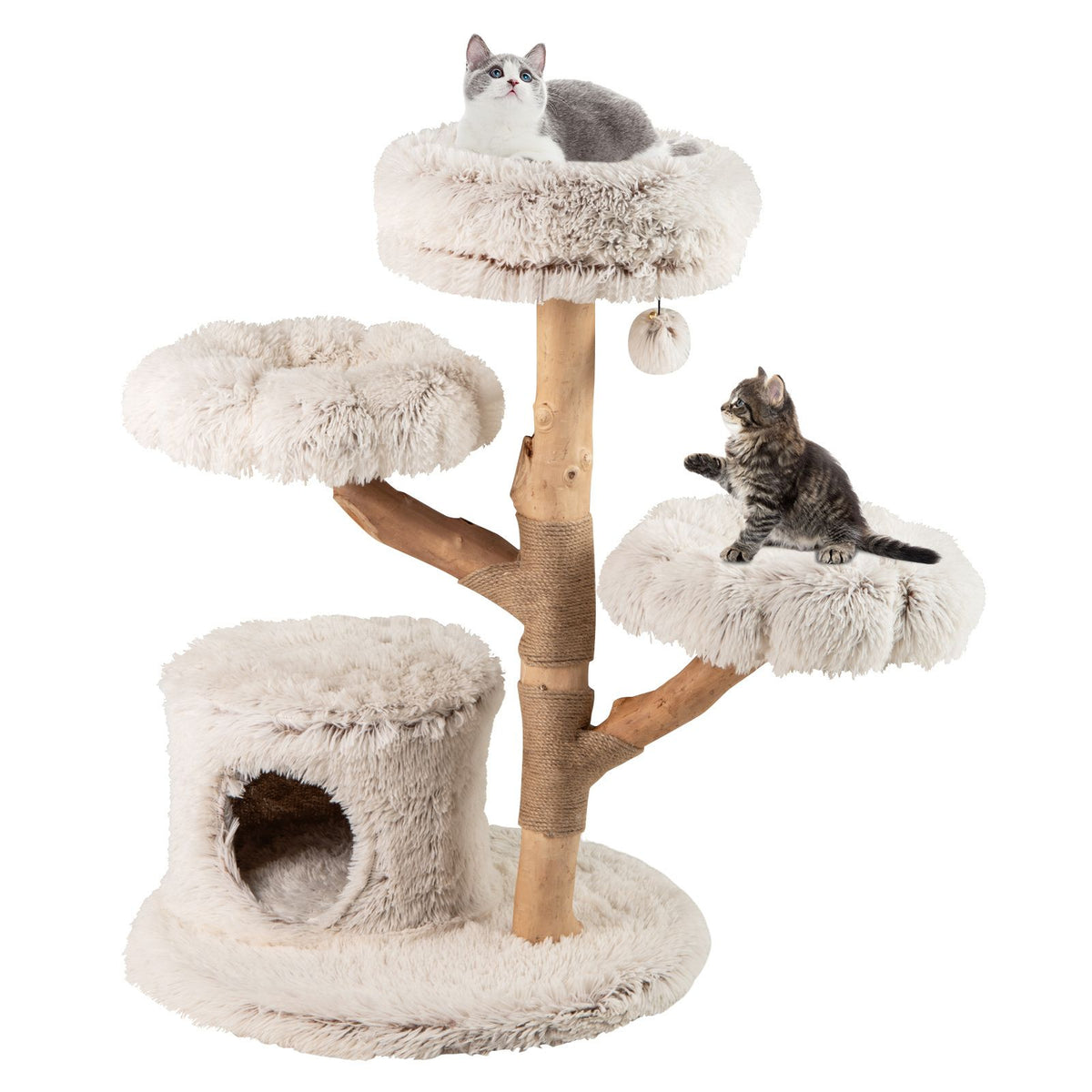 Modern Cat Tree, 102 CM Tall Real Wood Branch Kitten Tower w/ Condo