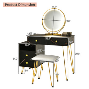 Modern Dressing Table Stool Set with Storage Cabinet and 3-Color LED Mirror