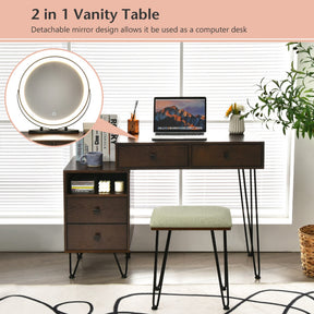 Modern Dressing Table Stool Set with Storage Cabinet and 3-Color LED Mirror