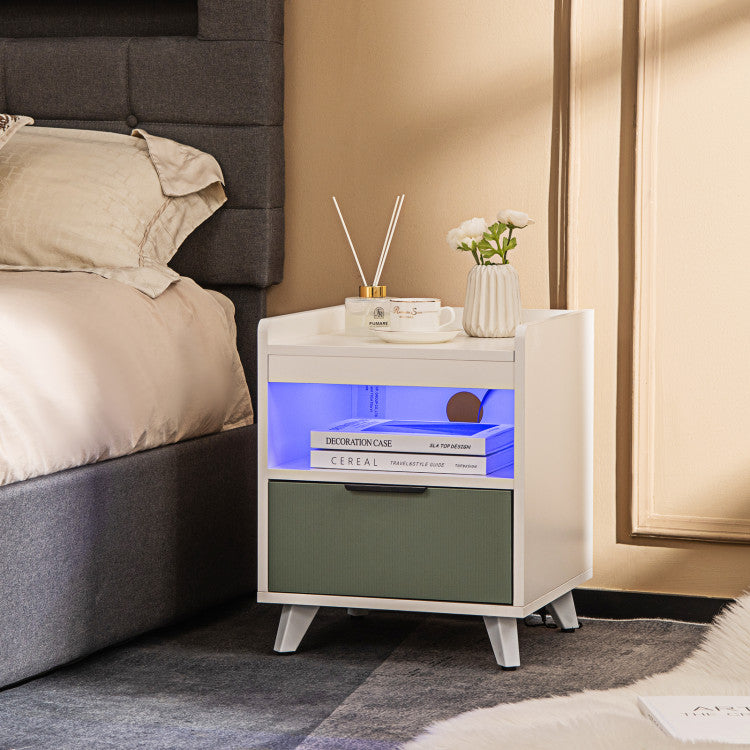 Modern Nightstand with Adjustable LED Lights Sliding Drawer and Open Compartment
