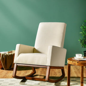 Modern Upholstered Rocking Chair High Back Lounge Armchair with Side Pocket and Fabric Padded Seat