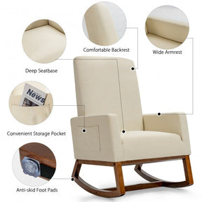 Modern Upholstered Rocking Chair High Back Lounge Armchair with Side Pocket and Fabric Padded Seat