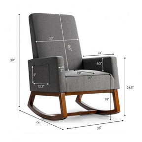 Modern Upholstered Rocking Chair High Back Lounge Armchair with Side Pocket and Fabric Padded Seat