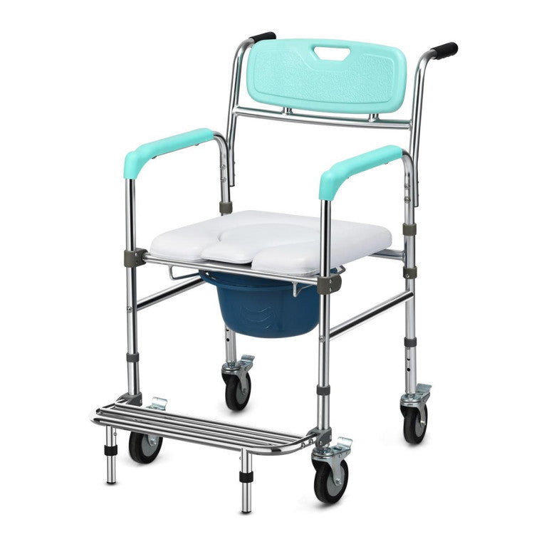 Multifunctional Adjustable Height Rolling Commode Chair with Removable Toilet