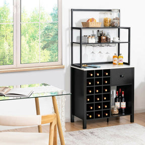 Multifunctional Wine Bakers Rack Table Kitchen Freestanding Floor Bar Cabinet with Glass Holder and Drawer for Dining Room