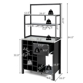 Multifunctional Wine Bakers Rack Table Kitchen Freestanding Floor Bar Cabinet with Glass Holder and Drawer for Dining Room