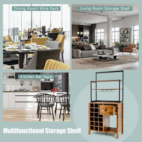 Multifunctional Wine Bakers Rack Table Kitchen Freestanding Floor Bar Cabinet with Glass Holder and Drawer for Dining Room