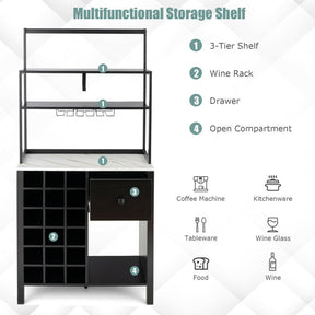 Multifunctional Wine Bakers Rack Table Kitchen Freestanding Floor Bar Cabinet with Glass Holder and Drawer for Dining Room