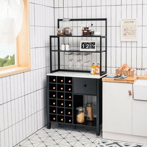 Multifunctional Wine Bakers Rack Table Kitchen Freestanding Floor Bar Cabinet with Glass Holder and Drawer for Dining Room