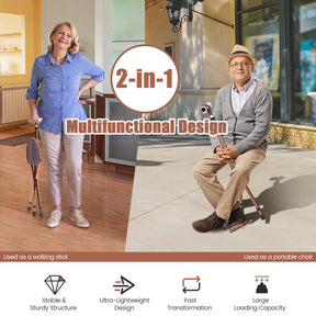 Multigot Folding Walking Stick Cane Seat Portable Adjustable Crutch Chair with LED Light and Retractable Legs