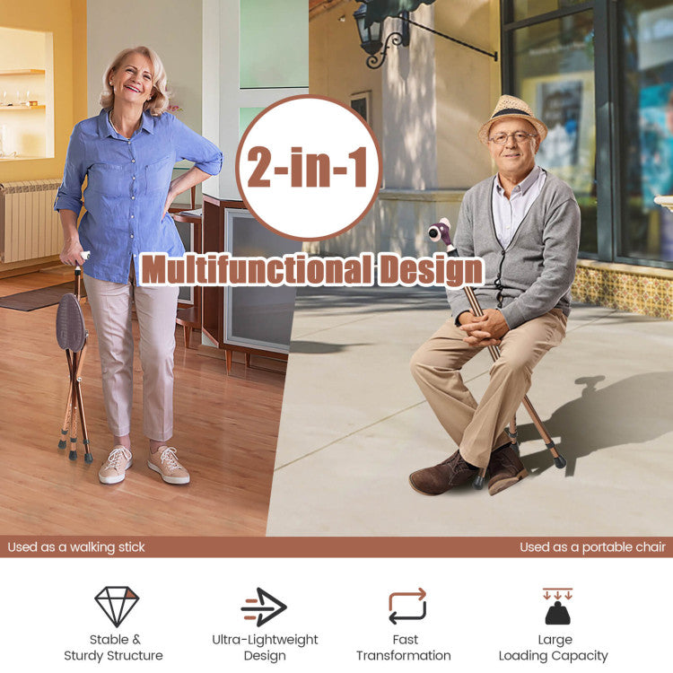 Multigot Folding Walking Stick Cane Seat Portable Adjustable Crutch Chair with LED Light and Retractable Legs