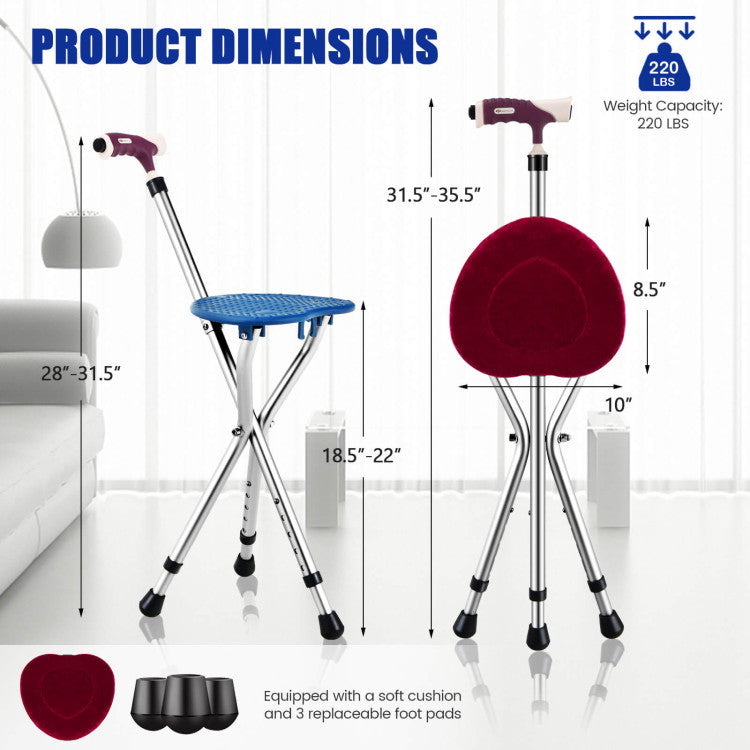 Multigot Folding Walking Stick Cane Seat Portable Adjustable Crutch Chair with LED Light and Retractable Legs