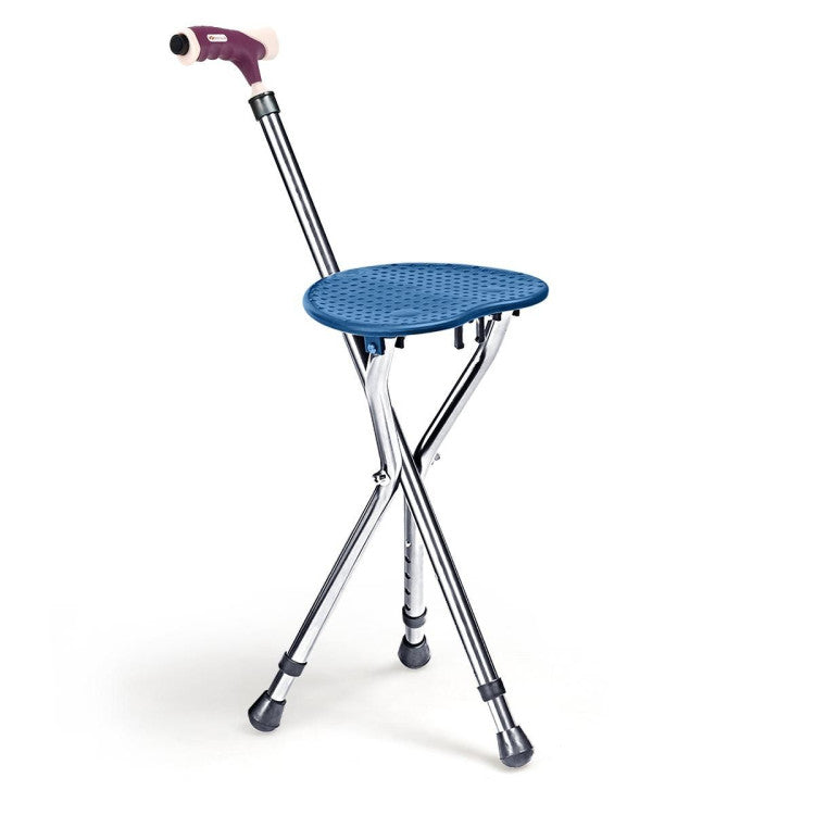 Multigot Folding Walking Stick Cane Seat Portable Adjustable Crutch Chair with LED Light and Retractable Legs