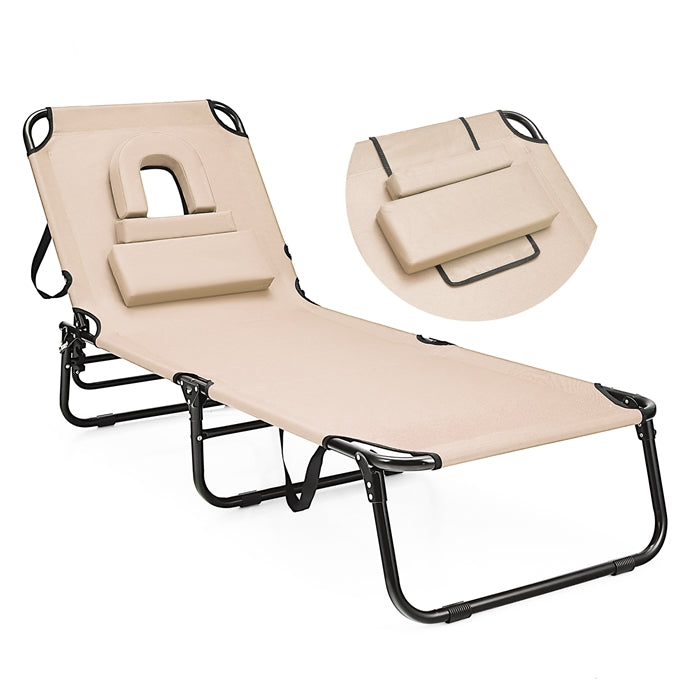 Face Down Tanning Chair, Beach Lounge Chair with 5-Level Adjustable Backrest & 3 Removable Pillows