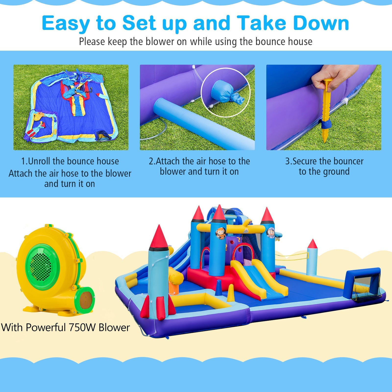 HONEY JOY Inflatable Water Slide Park, Kids Inflatable Jumping Castle w/2 Slides