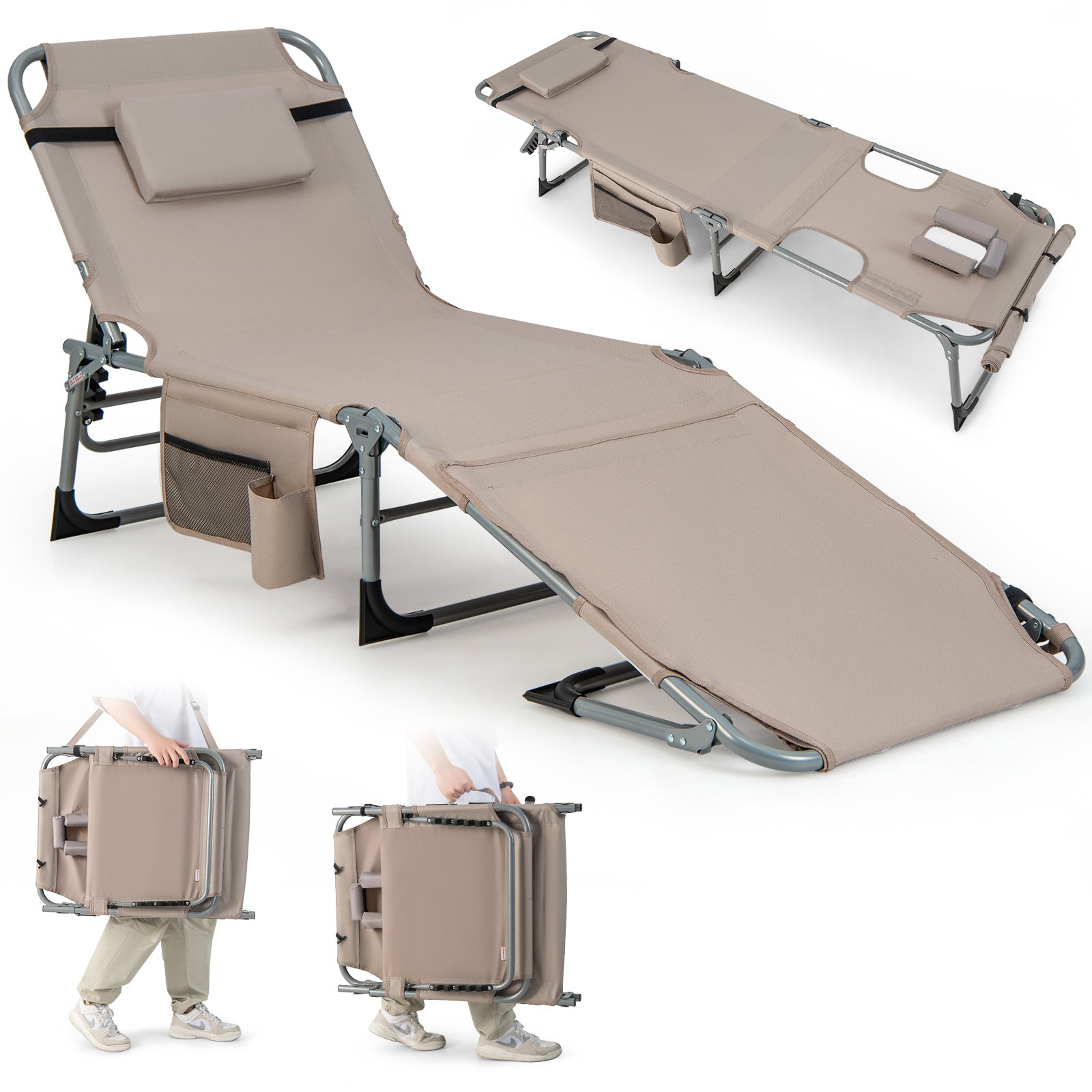 Outdoor Folding Chaise Lounge Chair, 5-position Lounge Chair with Adjustable Footrest
