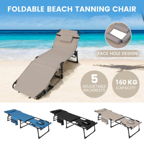 Folding Convertible Camping Lounger w/Face Hole & Pillows & Storage Pocket, 5-Position Adjustable Backrest