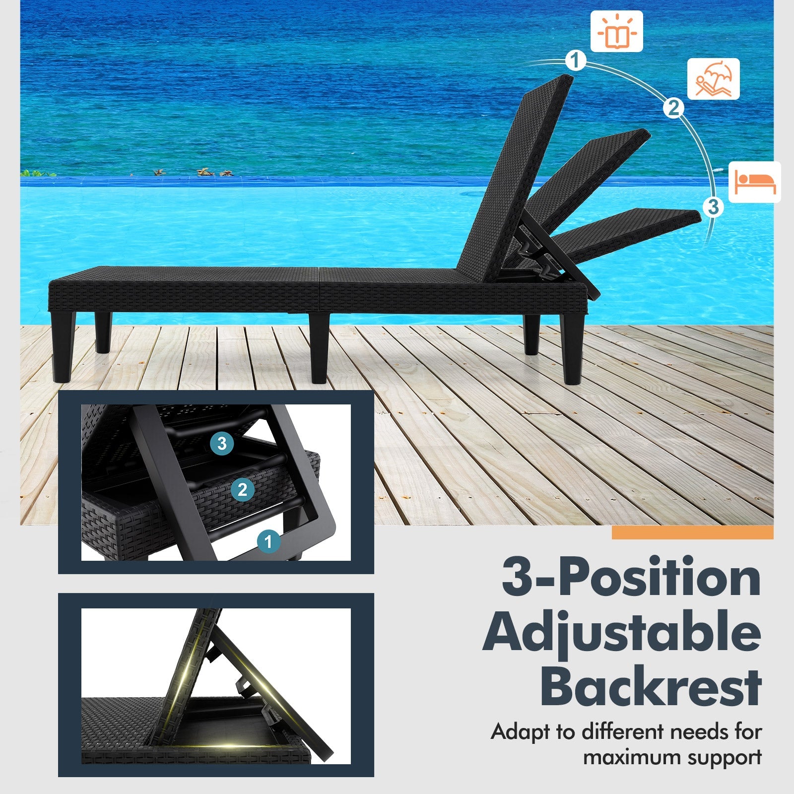 3-Position Reclining Chair with Waterproof Rattan Textured PP Surface