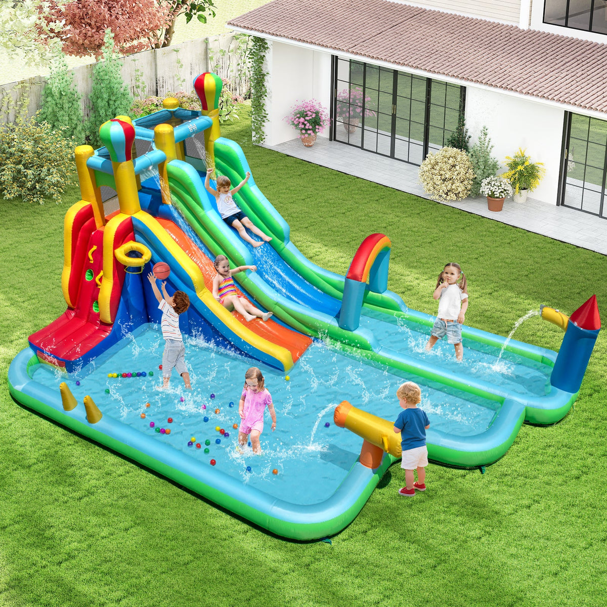 Inflatable Water Park, Dual Water Slides with Climbing Wall, Basketball Rim